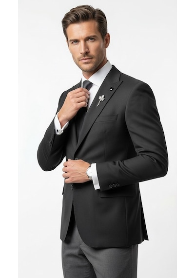 Plus Scorpion Erkek Blazer Ceket Twill Puntolu Kırlangıç Yaka 2 Düğmeli Çift Yırtmaçlı Slim Fit Siyah
