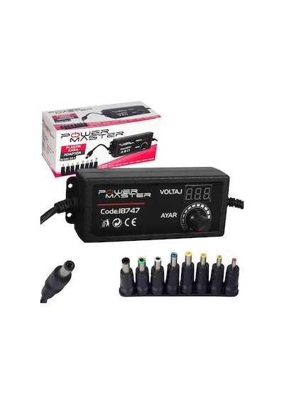 Powermaster PM-18747 3 Volt - 24 Volt - 2 Amper Çok Uçlu Dijital Ekranlı Ayarlı Kademeli Adaptör