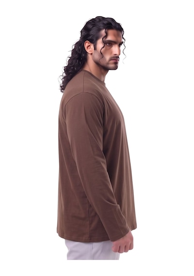 Erkek Büyük Beden 115 - 155 Kilo Arası Uygun Bedenli % 100 Pamuk Uzun Kol Bisiklet Yaka Sweatshirt Kahverengi