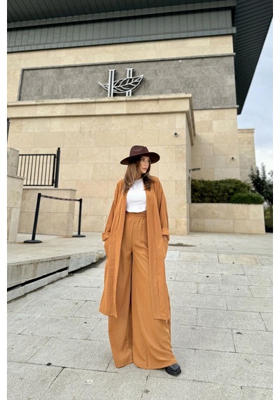 WeShaya Kadın Taba Çift Cepli Uzun Kimono & Bol Paça Pantolon - Salaş Alt & Üst Takım Taba