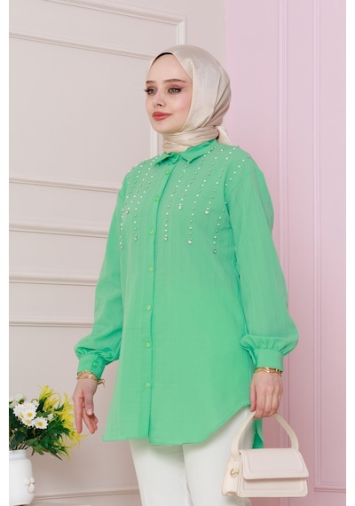Sevitli Önü İncili Tunik-su Yeşili-4736 Su Yeşili