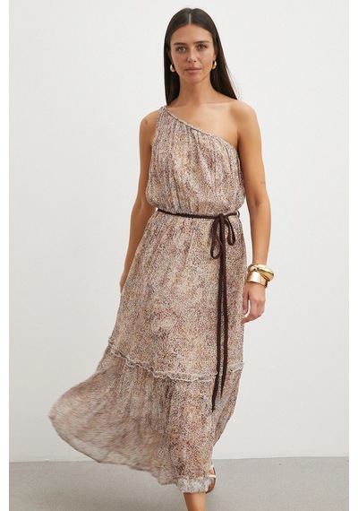 Uterpe One Shoulder Tiered Dress Pembe