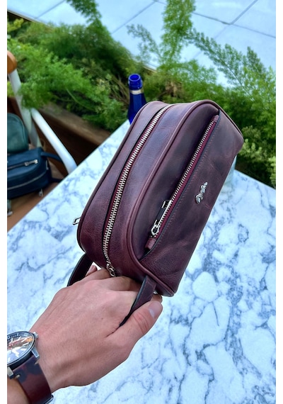 Marble Antik Bordo Hakiki Deri Erkek El Çantası Günlük-seyahat-spor-traş Bakım Bordo