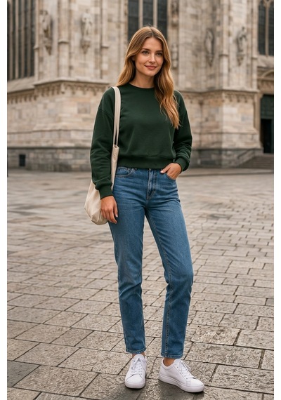 Luxıc Core Kadın Crop Bisiklet Yaka Sweatshirt Pamuklu Yumuşak Dokulu Günlük Spor Sweatshirt Yeşil