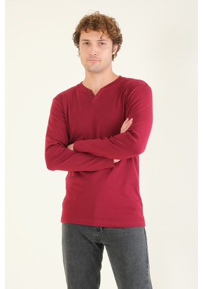 Giyim Dünyası Erkek Sıfır Yaka Düğmeli Uzun Kol Sweatshirt Bordo 001