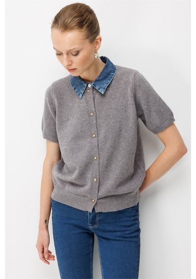 On Kadın Denim Detaylı Kısa Kollu Triko Hırka 10509 Gri