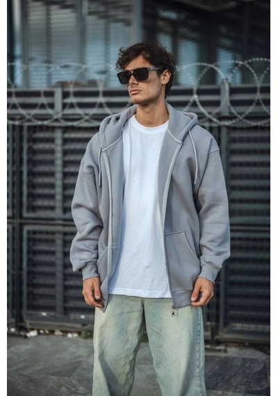 Etiler Collection Oversize Tam Fermuarlı Uzun Kol Hırka - Gri