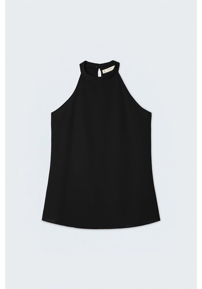 Sateen Halter Yaka Bluz - Siyah-137728