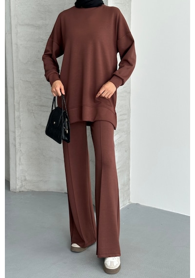 Feela Moda Kadın Modal Penye Oversize Tesettür Tunik Takım 2020 Kahverengi
