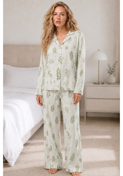 Kadın Casual Esnek Bol Çağla Pijama Takımı 4669 Çağla Yeşili