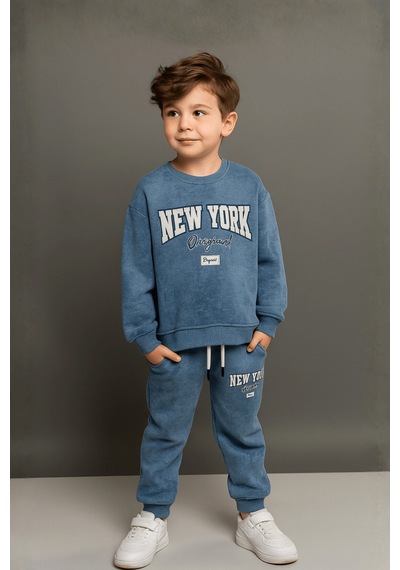 Turuncu Gardrop 5-14 Yaş New York Batik Desen Erkek Çocuk Takım Mavi Mavi
