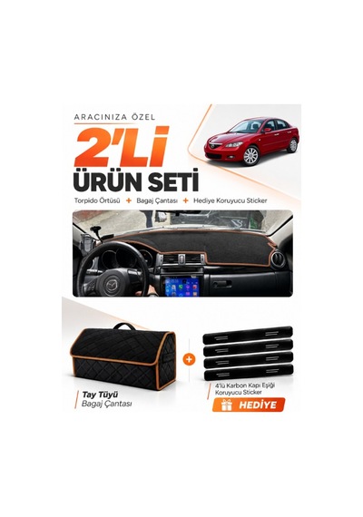 E-biz Mazda 3 2003-2009 Uyumlu Torpido Örtüsü + Tay Tüyü Bagaj Çantası - Siyah-kahverengi - Ma001
