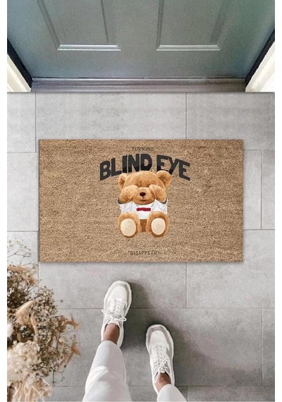 Dekoratif Dijital Blind Eye Ayıcık Bej Kapı Paspası Dış Mekan Paspas K-3189 Renkli