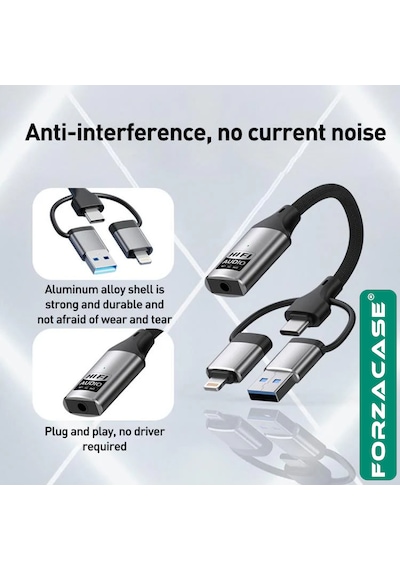 Forzacase 3in1 Apple Uyumlu iPhone Lightning, Type-c, Usb Girişli 3.5 Mm Aux Çevirici Kulaklık Jak Adaptör Fc1164 1 Adet