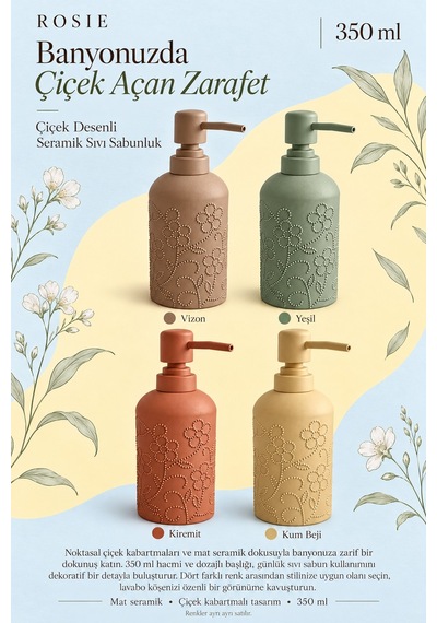 Rosıe Kum Beji Çiçek Dokulu Yuvarlak Seramik Sıvı Sabunluk 350 Ml Karışık