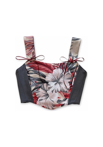 L'aura Corset Hibisküs Çiçek Desenli Füme Bayan Korse Büstiyer
