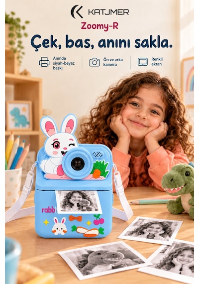 Kj/zm-003 Zoomy-r Tavşan Figürlü Anında Baskılı Çocuk Fotoğraf Makinesi, Çift Kamera, 2,4 İnç Ekran, 1080p Video, 3+ Yaş Mavi