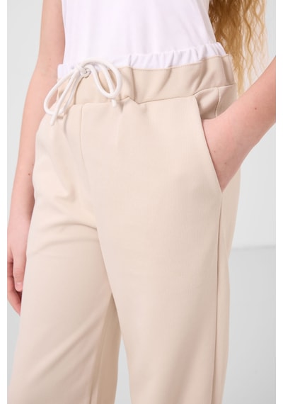 Tommylife Beyaz-bej O Yaka Baskılı Geniş Paça Standart Fit Kız Çocuk Palazzo Eşofman Takım - 75171 Beyaz/bej Beyaz - Bej