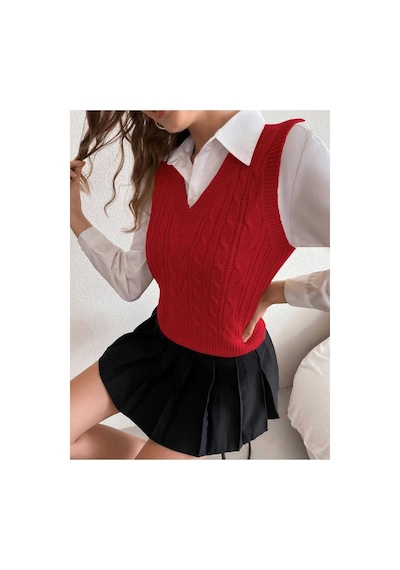 Youknitwear You Cameron %100 Pamuk V Yaka Kadın Süveter Kırmızı