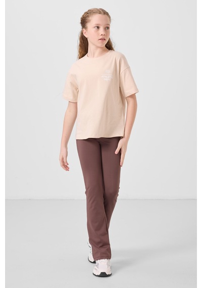 Bej Pamuklu O Yaka Oversize Fit Baskılı Kız Çocuk T-shirt - 75178 Bej