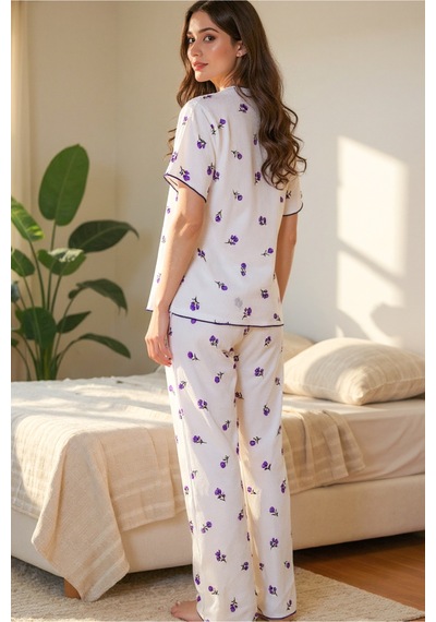 Bella Notte Romantik Pamuklu Lale Desenli Dantel Detaylı Yazlık Pijama Takımı Mor