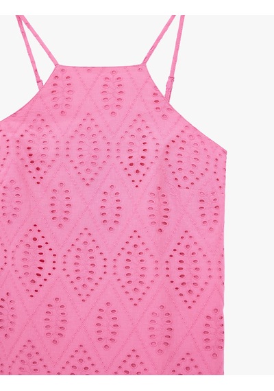 Koton Pamuklu Askılı Halter Yaka Brodeli Mini Elbise Pembe 6sak80021pw Gül