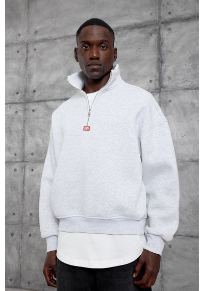 Hiccup Nomarc Bol Kesim Yarım Fermuarlı Uzun Kollu Sweatshirt Açık Gri