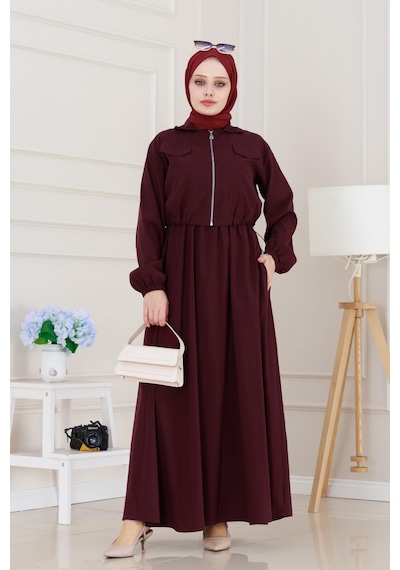 Sevitli Fermuarlı Cepkenli Jile Elbise-bordo-5121