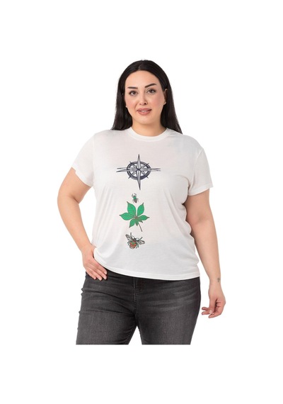 Disentis Büyük Beden Pusula Baskılı Bisiklet Yaka Beyaz T-shirt-beyaz Beyaz