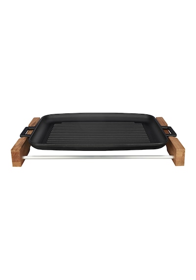 Lava Döküm Grill Tepsi. Izgara Yüzeyli. Metal Kulplu. Ahşap Stand