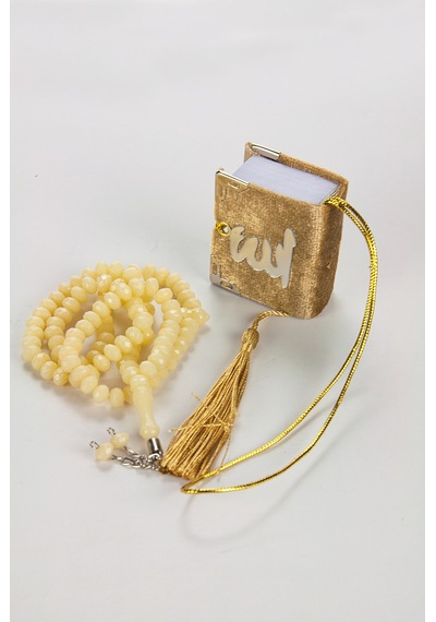 Kadife Kaplı Mini Kuran Kutulu - Tesbihli - Pleksili - Gold