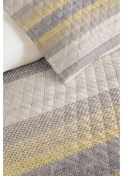 Gri Çizgili Geometrik Tek Kişilik Pike Takımı - Modern Sarı Bej 160x220 Cm Kapitone Yatak Örtüsü Mercansı Kakao Dengesi