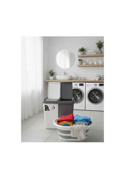 60 Lt İki Bölmeli Kirli Çamaşır Sepeti & 27 Lt Katlanabilir Sele Takımı Banyo Düzenleyici Takım Gri - 833547199 Gri