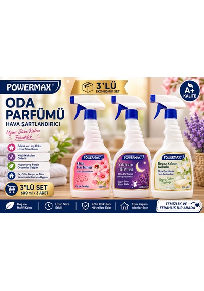 Powermax Oda Parfümü 3'lü Set 600 Ml X 3 Sprey Oda Kokusu Çiçek Tazeliği - Yıldızın Rüyası - Beyaz Sabun Kokulu Toplam 1800 Ml Diğer