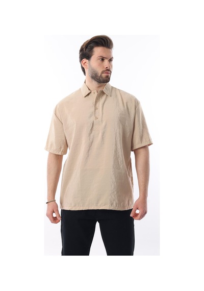Madmext Bej Oversize Rahat Kesim Kısa Kollu Gömlek 6744