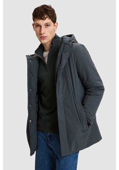 U.S. Polo Assn. Erkek Gri Kapüşonlu Yaka Regular Fit Fermuarlı Çıtçıtlı Cepli Düz Tasarım Uzun Mont 50328204-vr076 Sıs