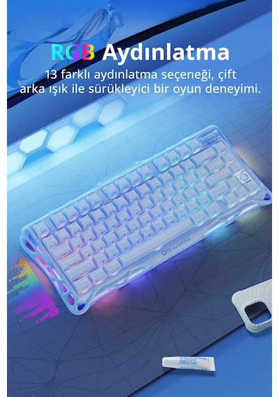 Gravastar Mercury K1 Rgb Kablosuz Mekanik Gaming Klavye, Alüminyum Çerçeveli, İngilizce Q, Special E