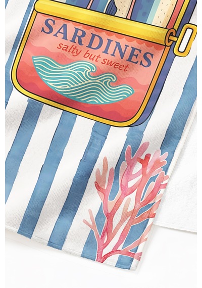 Çizgili Sardines Temalı Marine Plaj Havlusu - Sardalya Konseptli Akdeniz Stil Banyo Sahil Örtüsü Çok Renkli