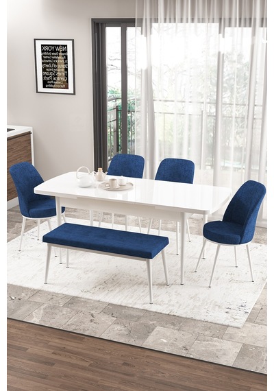 Canisa Concept Zen Serisi 80x132 Mdf Açılabilir Beyaz Masa Takımı 4 Lacivert Sandalye Ve 1 Bench Masa Beyaz Sandalye Ve Bench Lacivert