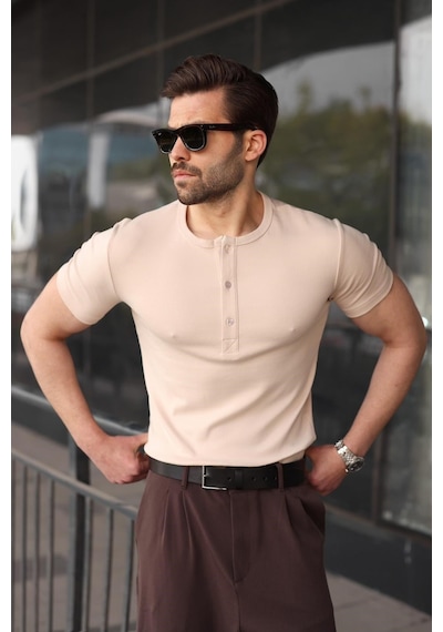 Madmext Bej Yarım Düğmeli Slim Fit Erkek Tişört E7186