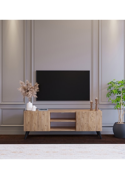 Ahşap Görünümlü Mdf 2 Kapaklı Raflı Tv Ünitesi
