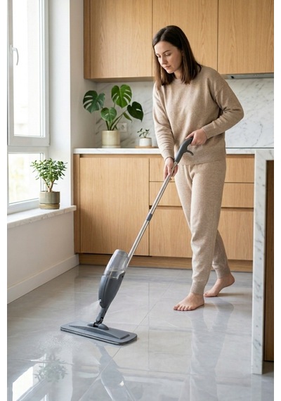 Sprey Mop Su Hazneli Tetiklemeli Mikrofiber Moplu Paslanmaz Çelik Saplı Düz Tablet Paspas
