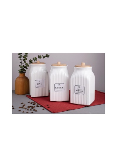 3 Lü Bambu Vakum Kapaklı Porselen 750ml Çay Şeker Türk Kahve Saklama Kavanoz Seti Bakliyat Kavanoz Beyaz Beyaz