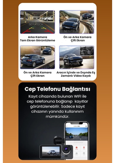 Harvox 3 Kameralı Wi-fi Özellikli Full Hd Araç İçi Kamera 1080p Gece Görüş, G-sensor Dashcam Y15