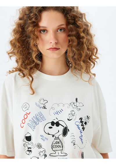 Koton Snoopy Lisanslı Kısa Kollu Bisiklet Yaka Baskılı Tişört Ekru 5sal10264ık Ekru