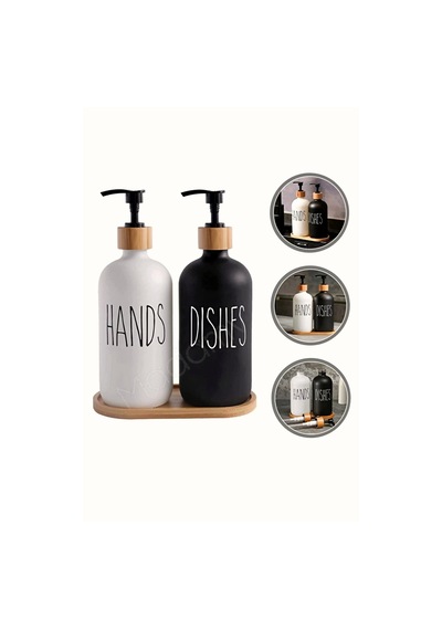 Hands Dishes 2 Li Siyah Beyaz Dekoratif Mutfak Banyo Sıvı Cam Sabunluk Seti 500ml Bambu Stantlı Set Siyah Beyaz