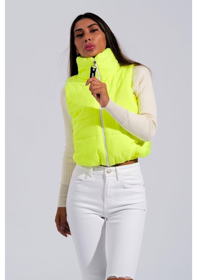 Keyifli Moda Kadın Neon Yeşil Sırtı Taş İşlemeli Dik Yaka Kısa Şişme Yelek-neon Yeşil Neon Yeşil