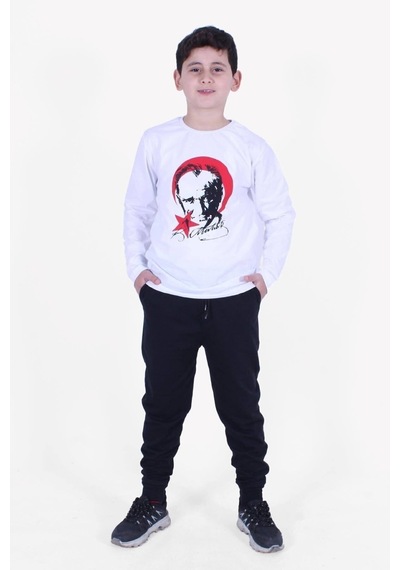 Fyk Kids Atatürk Baskılı Uzun Kollu Alt-üst Çocuk Takım Beyaz