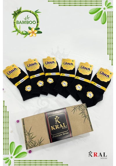 Kral Socks Kadın Bambu Çorap 6 Çift Renkli Hediye Kutulu Patik Kadın Çorap Siyah