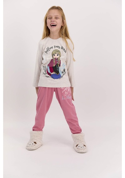 Frozen Lisanslı Follow Your Heart Kremmelanj Kız Çocuk Pijama Takımı Krem Melanj